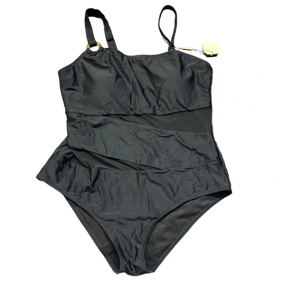 HEYTALALA womens black one piece swimsuit w mesh panel middle size XL NWT - Picture 2 of 7